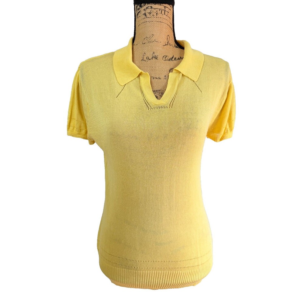 David Meister Bright Yellow Knit Polo Short Sleeve Lightweight Sweater Top Sz M